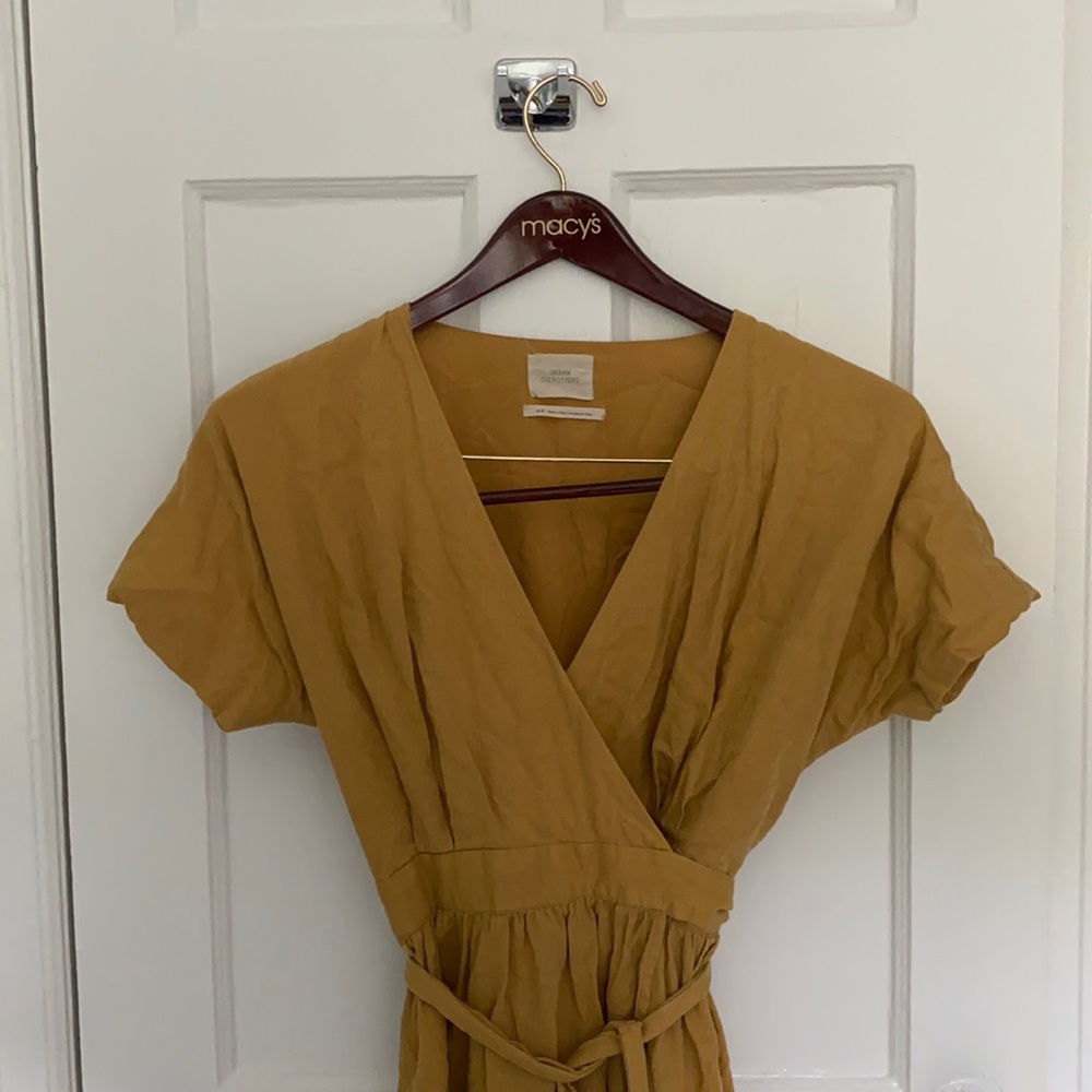 Mustard linen true wrap midi dress with pockets